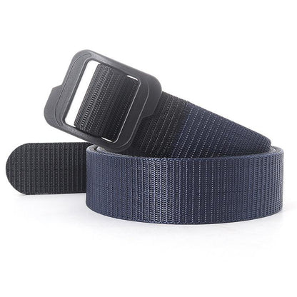 Men's canvas belt with plastic buckle, double-sided navy strap, dark gray buckle