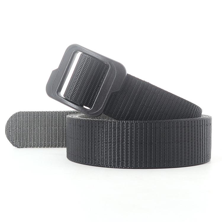 Men's canvas belt with plastic buckle, gray double-sided webbing, dark gray buckle