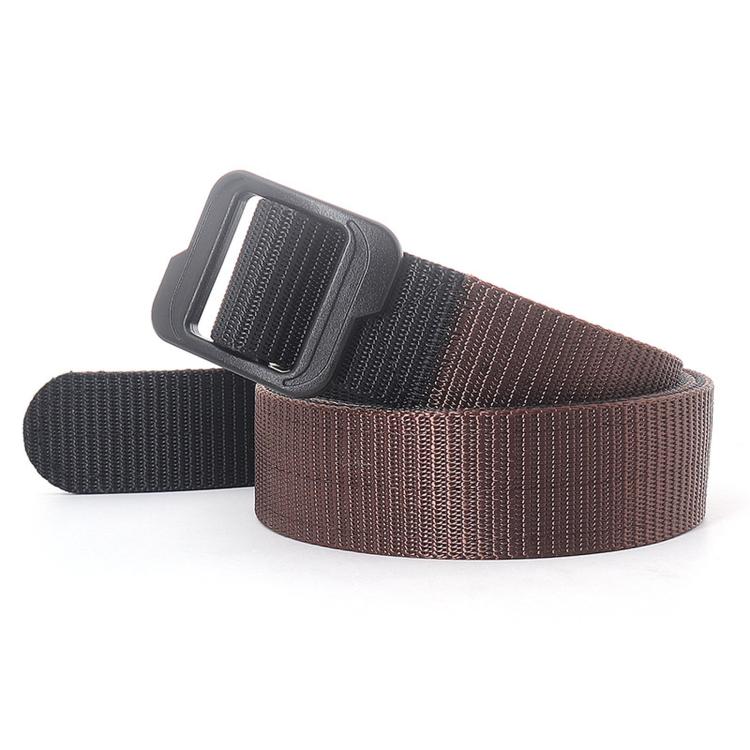 Men's canvas belt with plastic buckle, brown double-sided strap, dark gray buckle