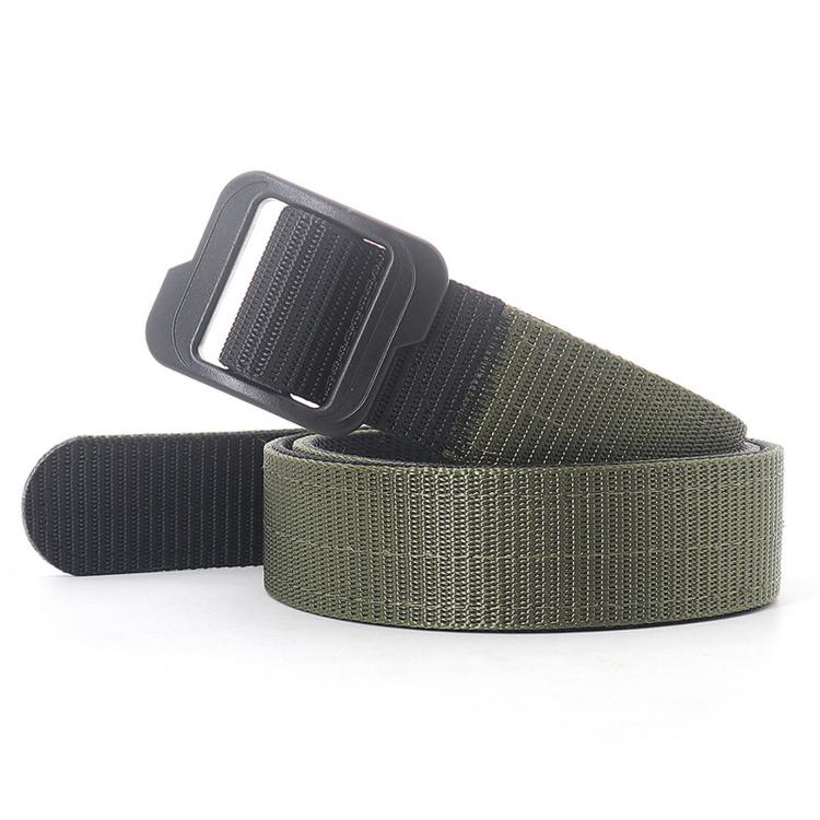 Men's double-sided canvas belt with dark plastic buckle, olive green strap