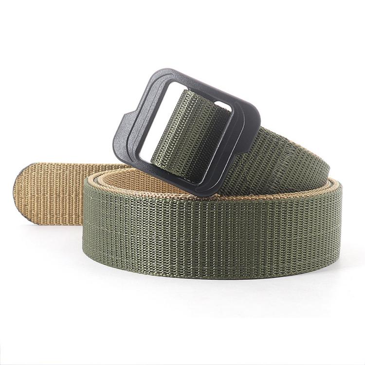 Men's double-sided canvas belt with gray plastic buckle, khaki reverse with green front