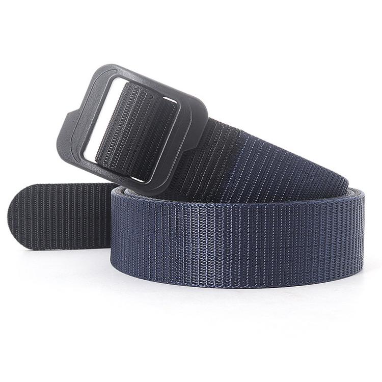 Men's canvas belt with plastic buckle, navy double-sided webbing, angled view