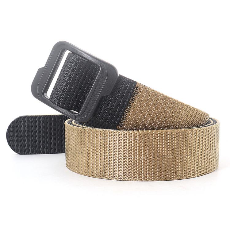 Men's canvas belt with plastic buckle, tan double-sided strap with dark underside