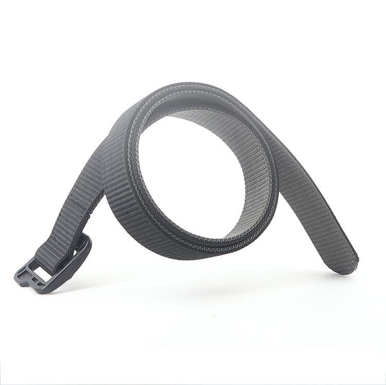 Men's gray canvas belt with ribbed webbing and black plastic buckle, no strap end visible
