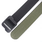 Men's two-tone web belt (olive/black) with black plastic buckle, close-up angle