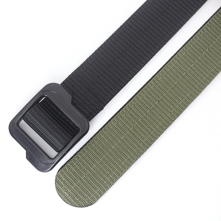 Men's two-tone web belt (olive/black) with black plastic buckle, close-up angle
