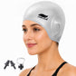 Gray silicone swimming cap with ear-protecting pockets and included earplugs and nose clip