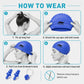 Blue silicone swimming cap being worn; hands stretch and adjust around ears