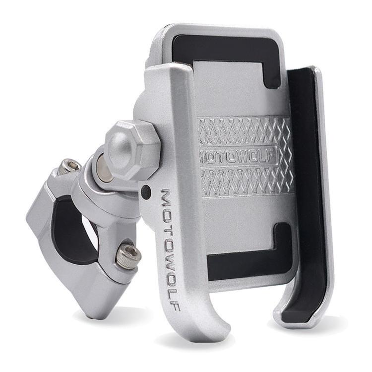 Rotating phone holder for motorcycle handlebars, silver aluminum clamp mount