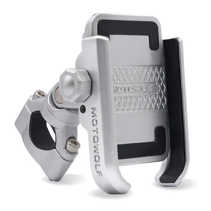 Rotating phone holder for motorcycle handlebars, silver aluminum clamp mount
