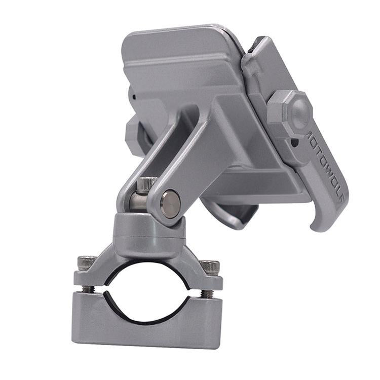 Rotating phone holder for motorcycle handlebars, silver mount with side arm