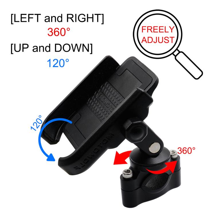 Black rotating phone holder with 360° adjustment swivel mechanism diagram