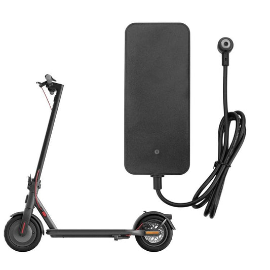 Electric scooter charger adapter with black power brick and cable, front view with scooter