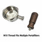 M10-thread portafilter handle with walnut grip and stainless filter cup attachment