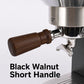 Black walnut short portafilter handle with M10 threaded connection on espresso machine