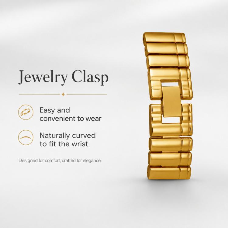 Gold womens vintage wristwatch bracelet with curved metal clasp and geometric dial