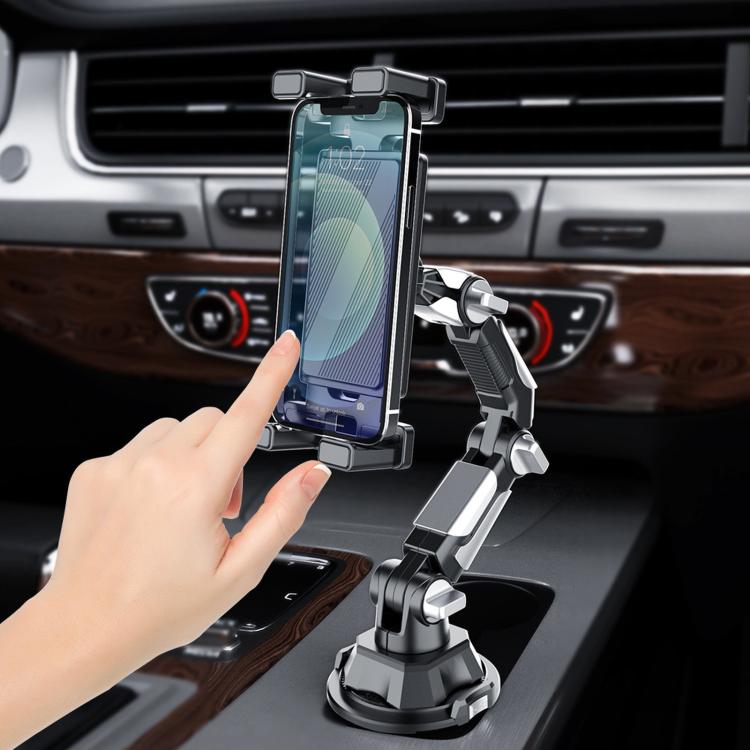 Car phone holder with spring arm and clamp, mounted to cup-holder base