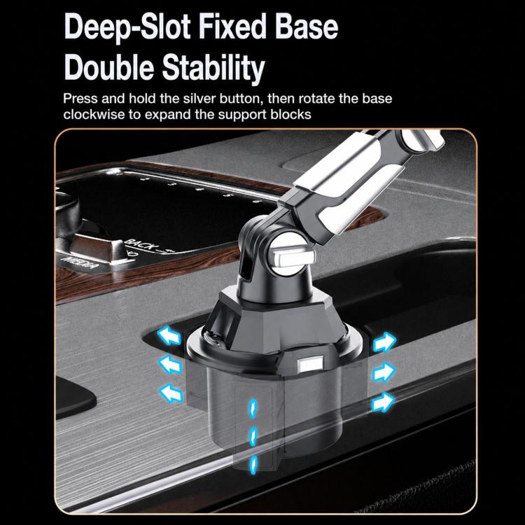 Car phone holder with deep-slot fixed base for stable cup-holder attachment