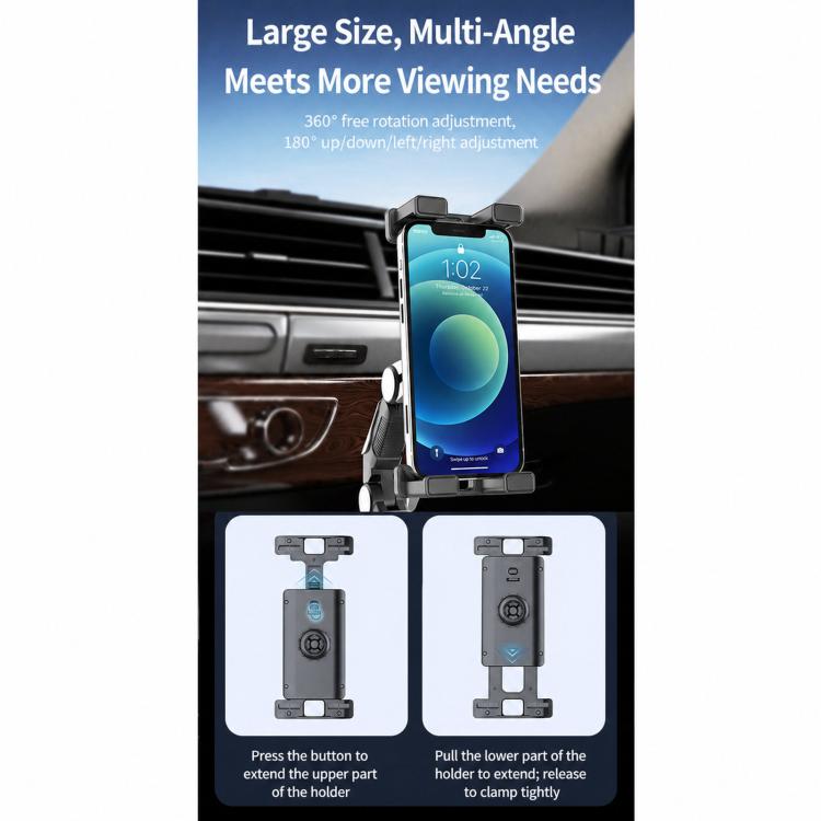 Car phone holder with multi-angle adjustment and clamp for large smartphones