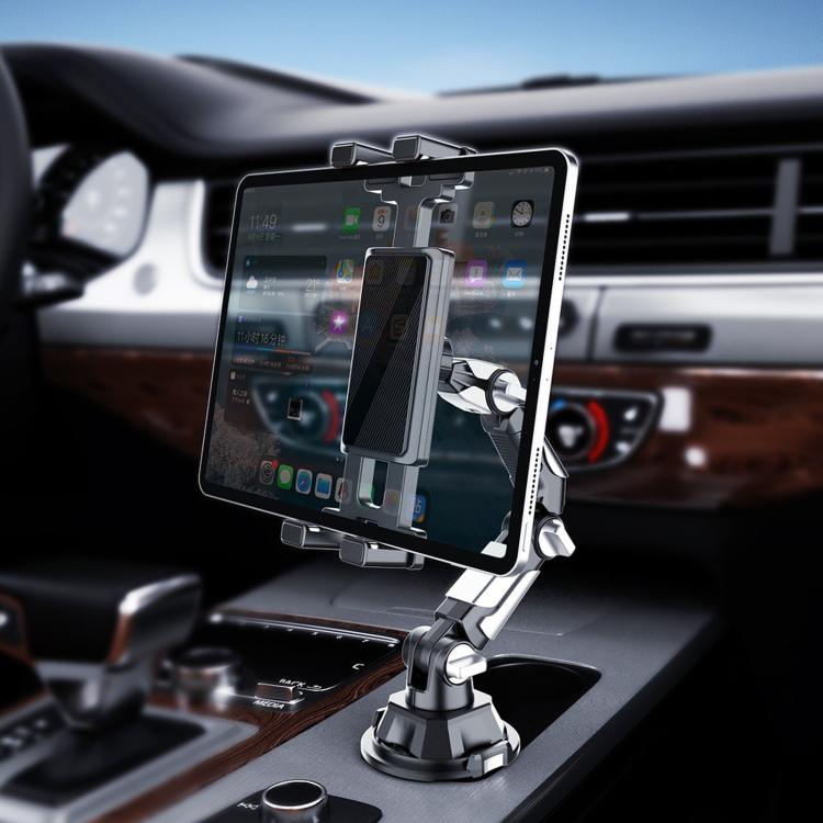Car tablet and phone holder with secure clamp for screen-forward viewing