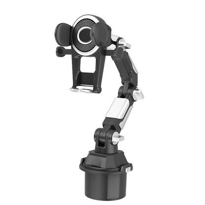 Car cup phone holder with circular mount and adjustable arms, black