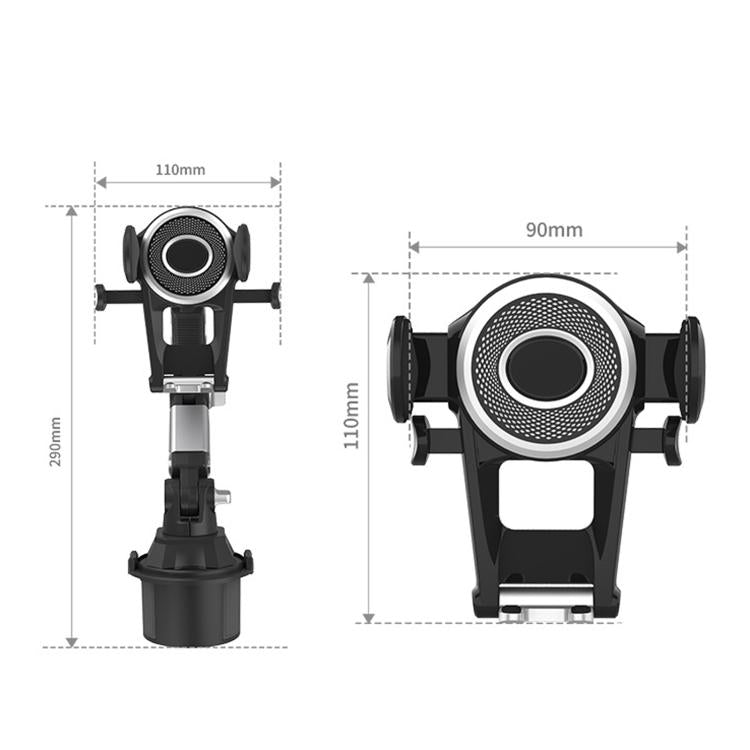 Black car phone holder base with circular fan-style grip, top and side views with dimensions