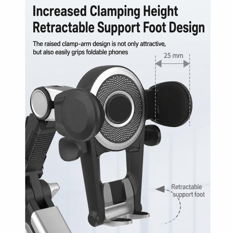 Car phone holder with raised clamping arm and retractable support foot, black