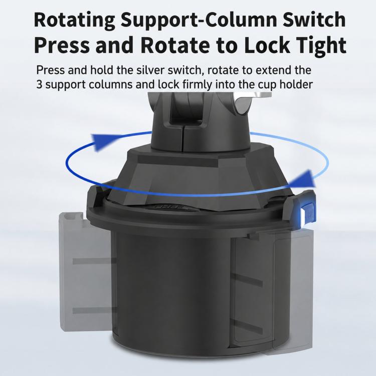 Rotating support column base with press-and-rotate lock for car cup phone holder, black