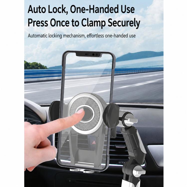 Car phone cup holder with auto-lock clamp and one-handed press, phone mounted
