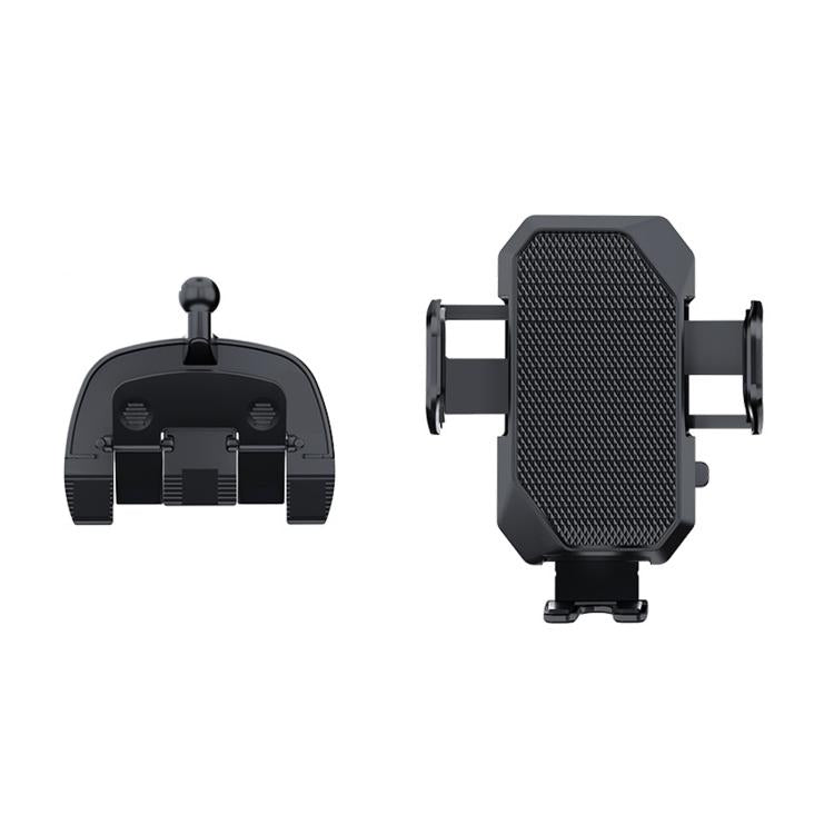 Black rotatable phone mount designed for a car CD slot, front and back view