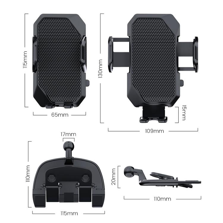 Black car CD slot phone holder with adjustable arms, shown with size diagram
