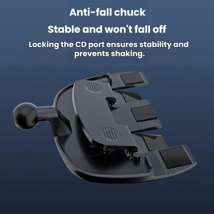 Car CD slot phone mount with anti-fall stabilizer clamp and rotating base
