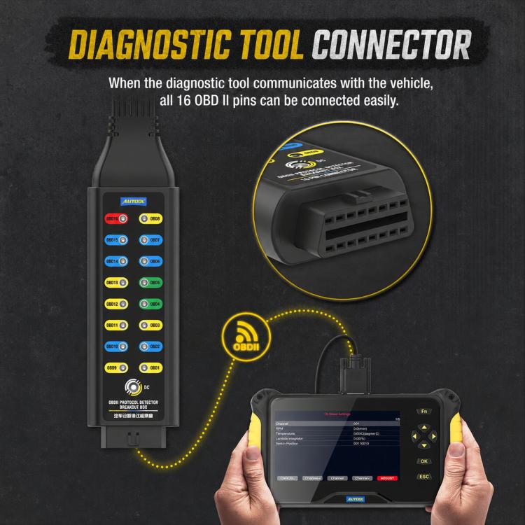 OBD2 diagnostic scanner showing connector end and multi-color button panel