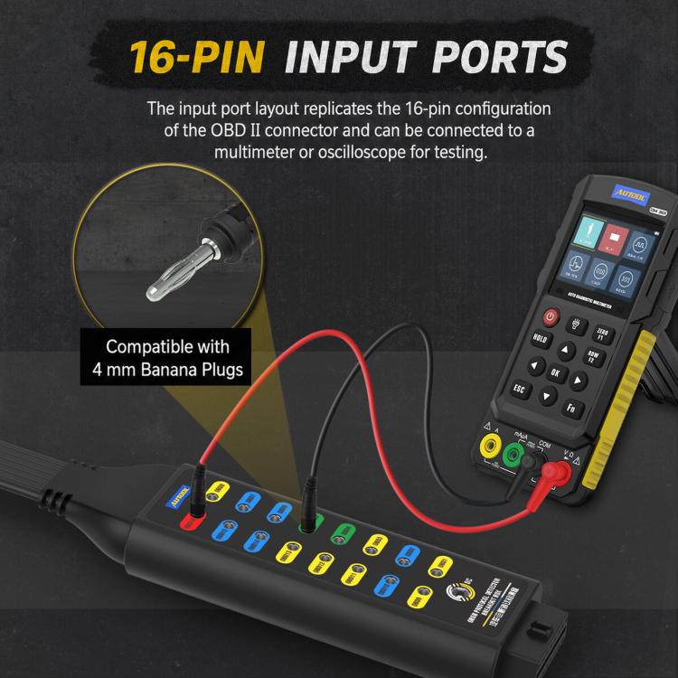 OBD2 scan tool with 16-pin input ports along the cable connection bar