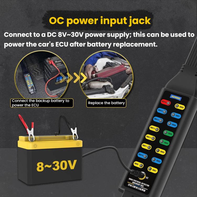 OBD2 scan tool with 8–30V DC power input jack and connected cable