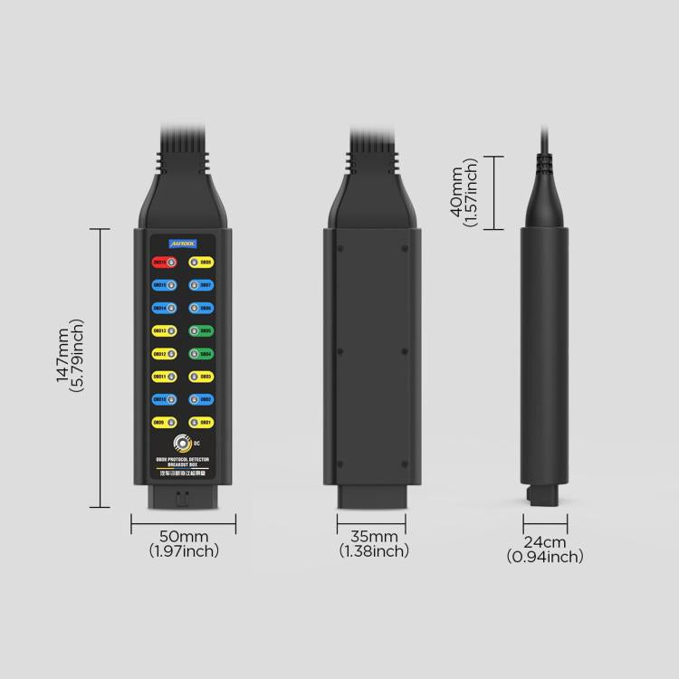 OBD2 diagnostic scanner size diagram with connector end and power lead length