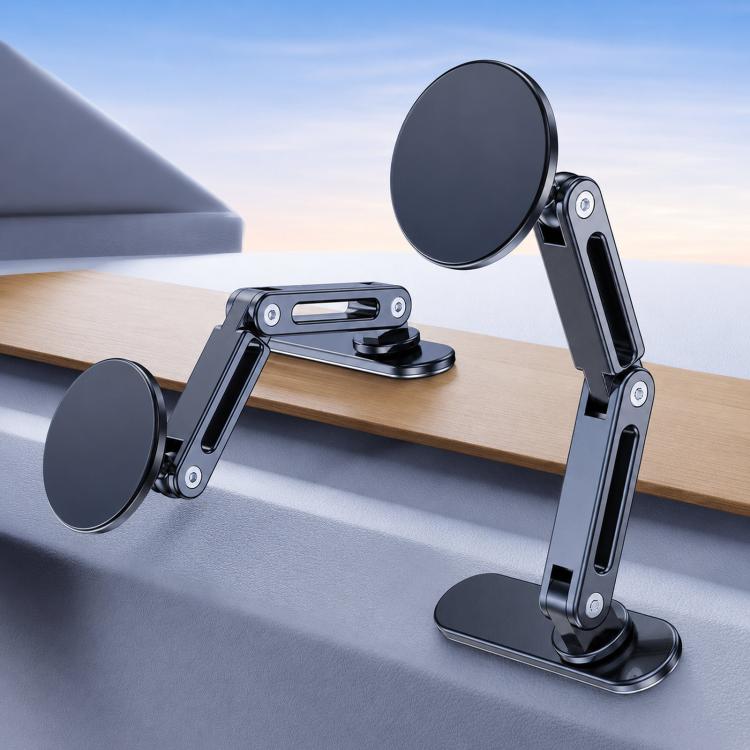 Car phone mount with solid magnetic head and double-jointed elongated arm, black