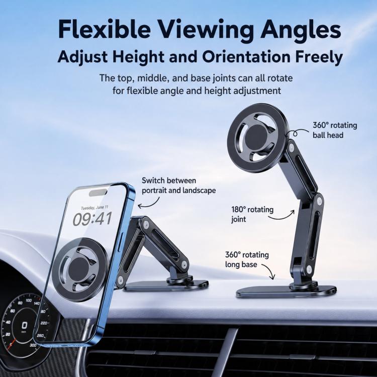 Car phone mount with ring magnetic head, 360° ball joint, adjustable double-jointed arm