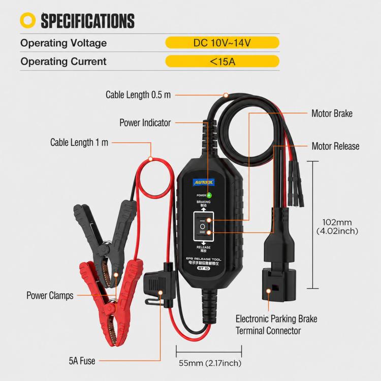 AUTOOL BT10 electronic handbrake release tool diagram with cable lengths and connectors