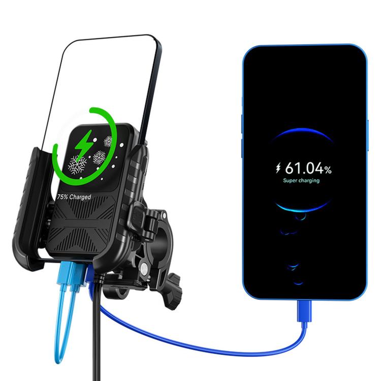 Motorcycle phone cooling heat sink bracket with handlebars mount and charging cable
