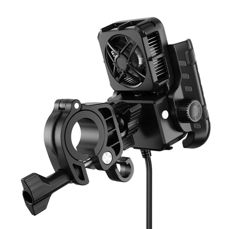 Motorcycle phone cooling bracket with black fan heat sink and handlebars clamp