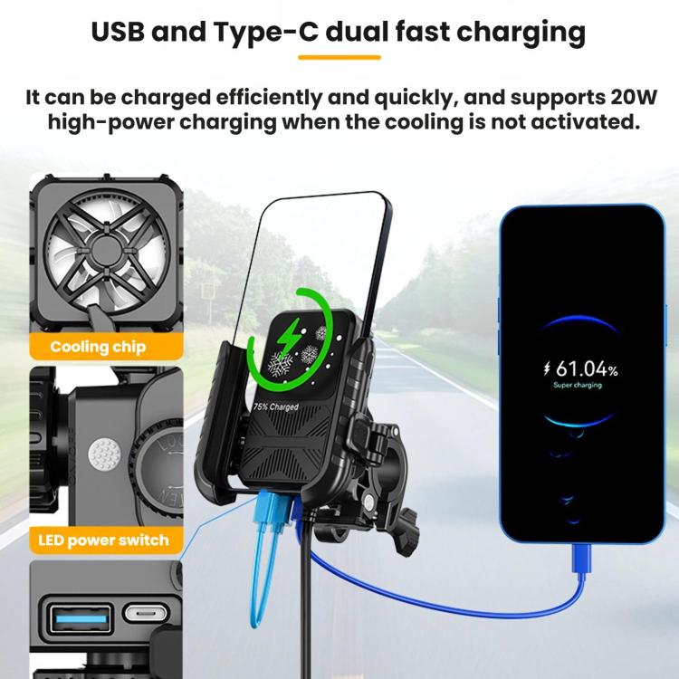 Motorcycle phone cooling heat sink bracket with charging ports and Type-C cables