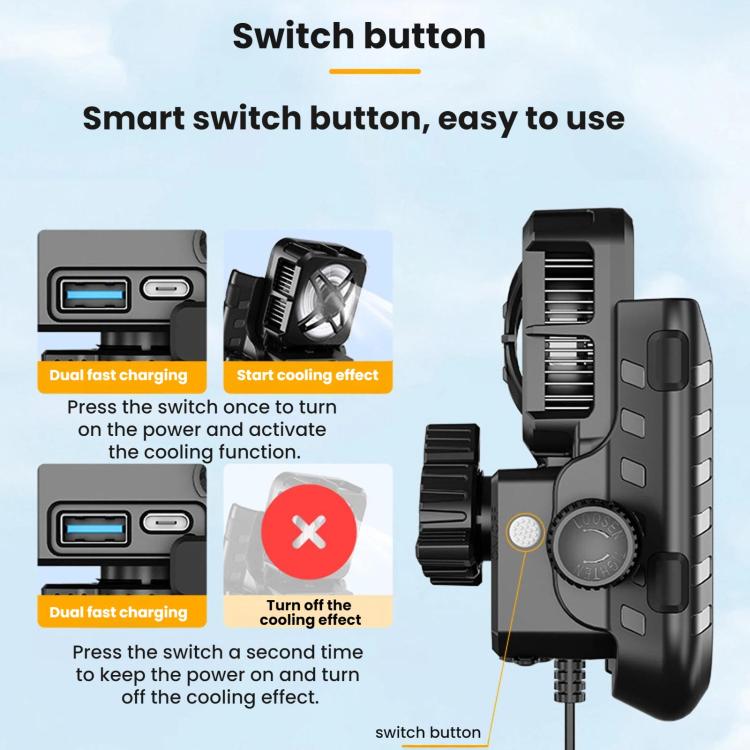 Motorcycle phone cooling fan bracket with smart power switch button and cooling fins