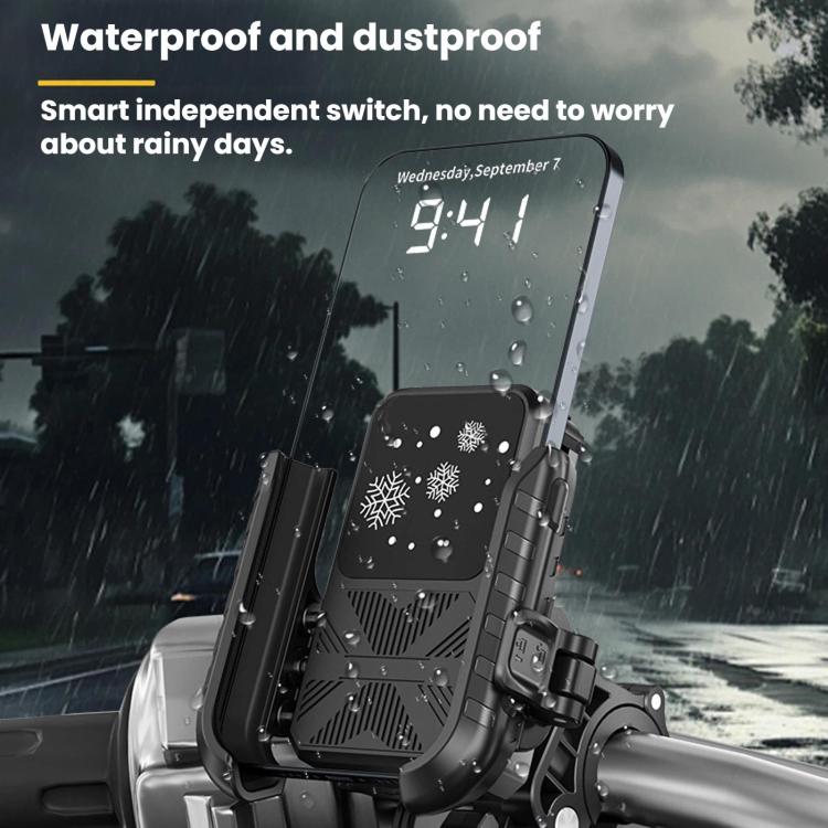 Motorcycle phone cooling bracket with waterproof dustproof design and handlebar clamp