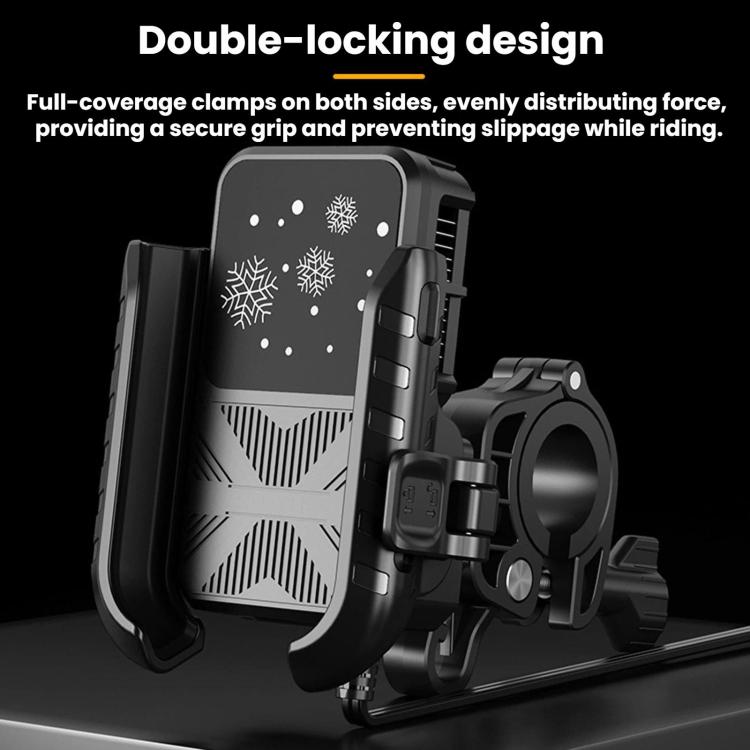 Motorcycle phone cooling heat sink bracket with double-locking full-coverage clamps