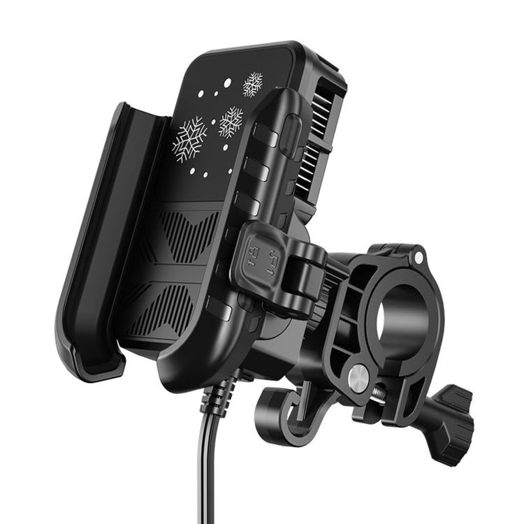 Motorcycle phone cooling heat sink mount with fan vents and adjustable handlebars ring
