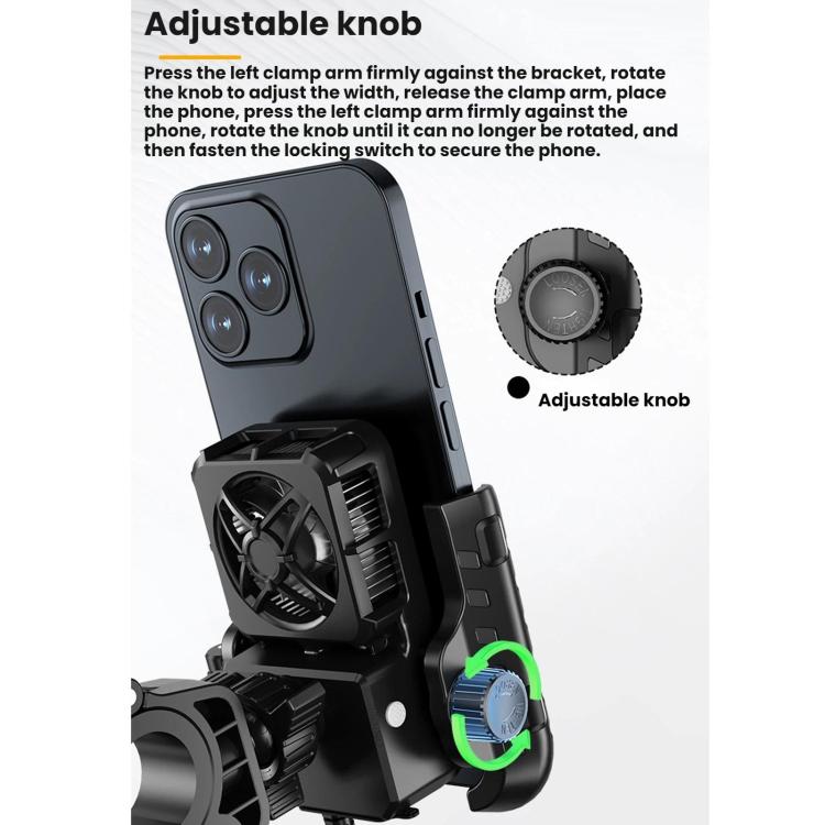 Motorcycle phone cooling bracket with adjustable knob and fan heatsink for phone backing