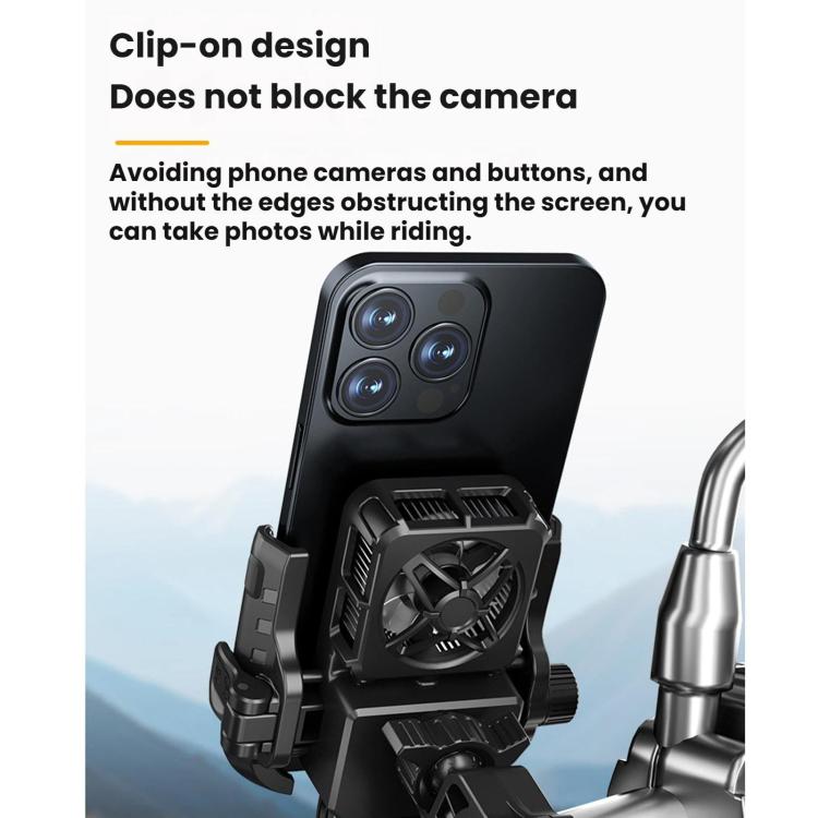 Motorcycle phone cooling fan bracket with clip mount that leaves camera area clear