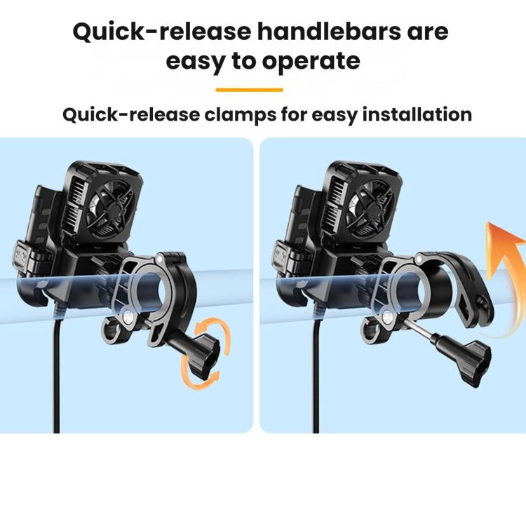 Motorcycle phone cooling bracket with quick-release handlebars clamp and fan heat sink