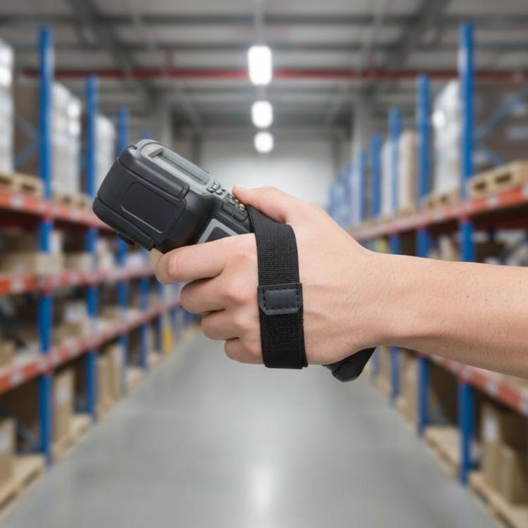 Replacement hand strap with secure black loop, attached to handheld barcode scanner